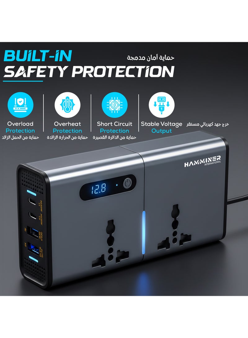 HAMMINER 200W Car Power Inverter DC 12V To 220V AC Car Inverter With 2 USB & 2 Type-C & 2 AC Outlets For Laptop Car Plug Adapter Car Power Inverter Car Charger Fast Charger LED Display Cigarette Lighter Connector, Perfect For Cars, SUVs & Trucks - Image 2